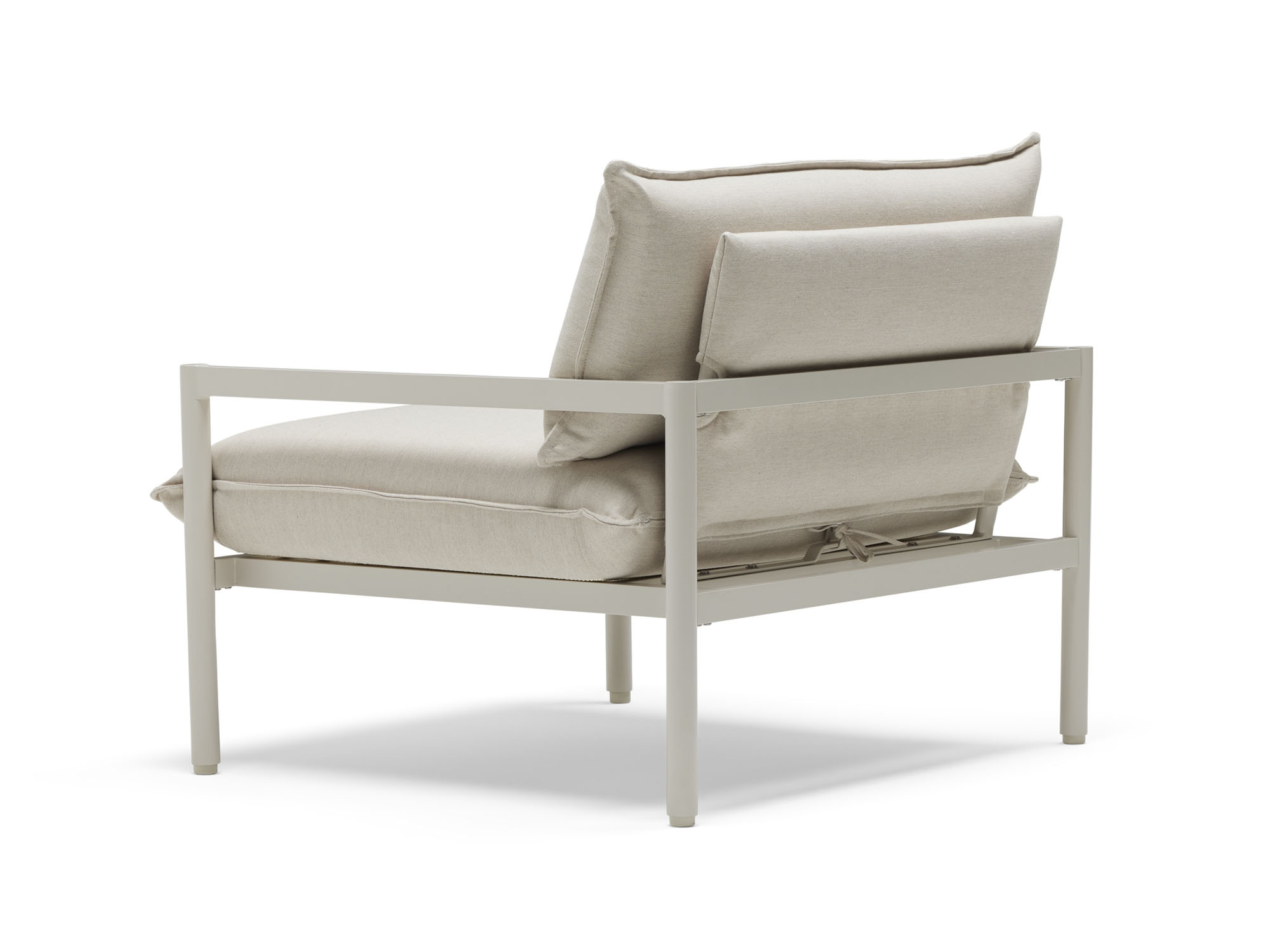 Back angle view of outdoor chair with white cushions and metal legs